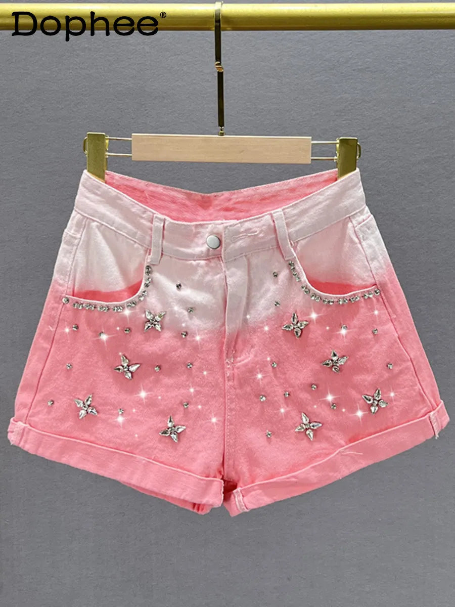 Sweet Gradient Color Exquisite Rhinestone Denim Shorts Women Summer High Waist Slimming Wide Leg Shorts Jeans Hot Pants