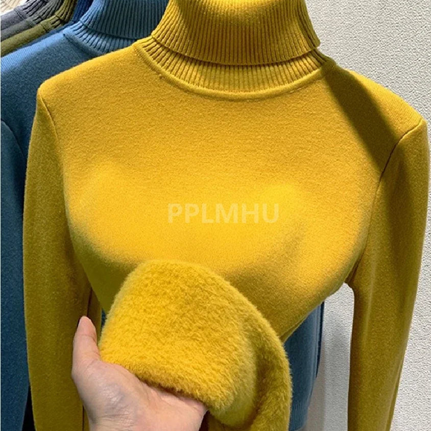 Warm Knit Pullover New Thicken Turtleneck Sweater For Winter Women Casual Slim Plush Lined Soft Long Sleeve Knitwear Jumper Tops basic yellow
