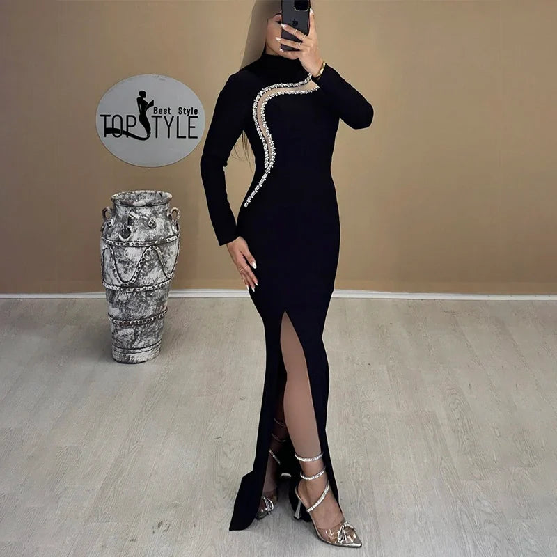 Black Color Women Long Sleeve Shinning Crystal Bodycon Bandage Long Dress Fashion Evening Party Celebrate Dress