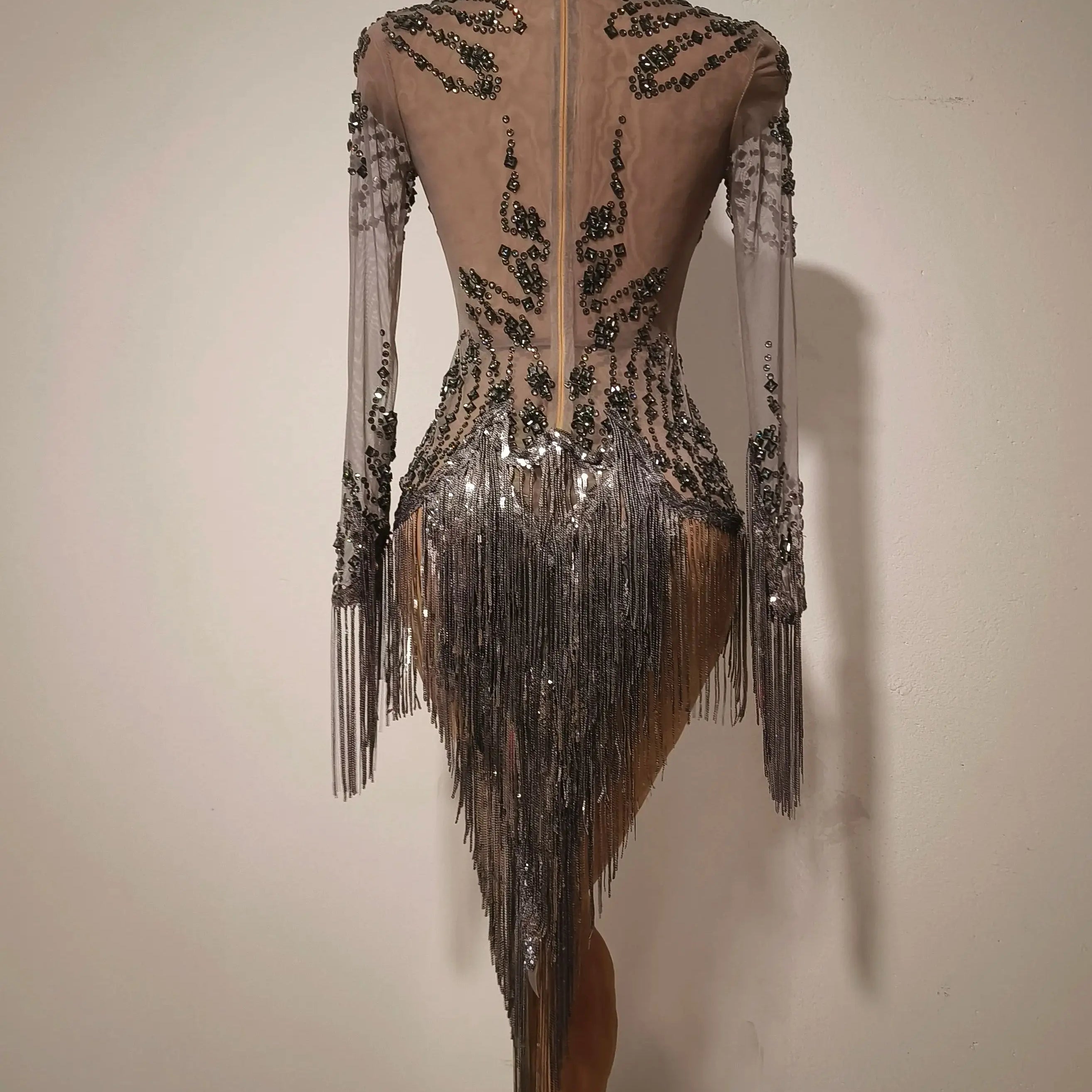 Women Sexy Gray Silver Tassel Crystal Diamonds Stretchy Night Club See Through Singer Dancer Stage Costume Party Bodysuit