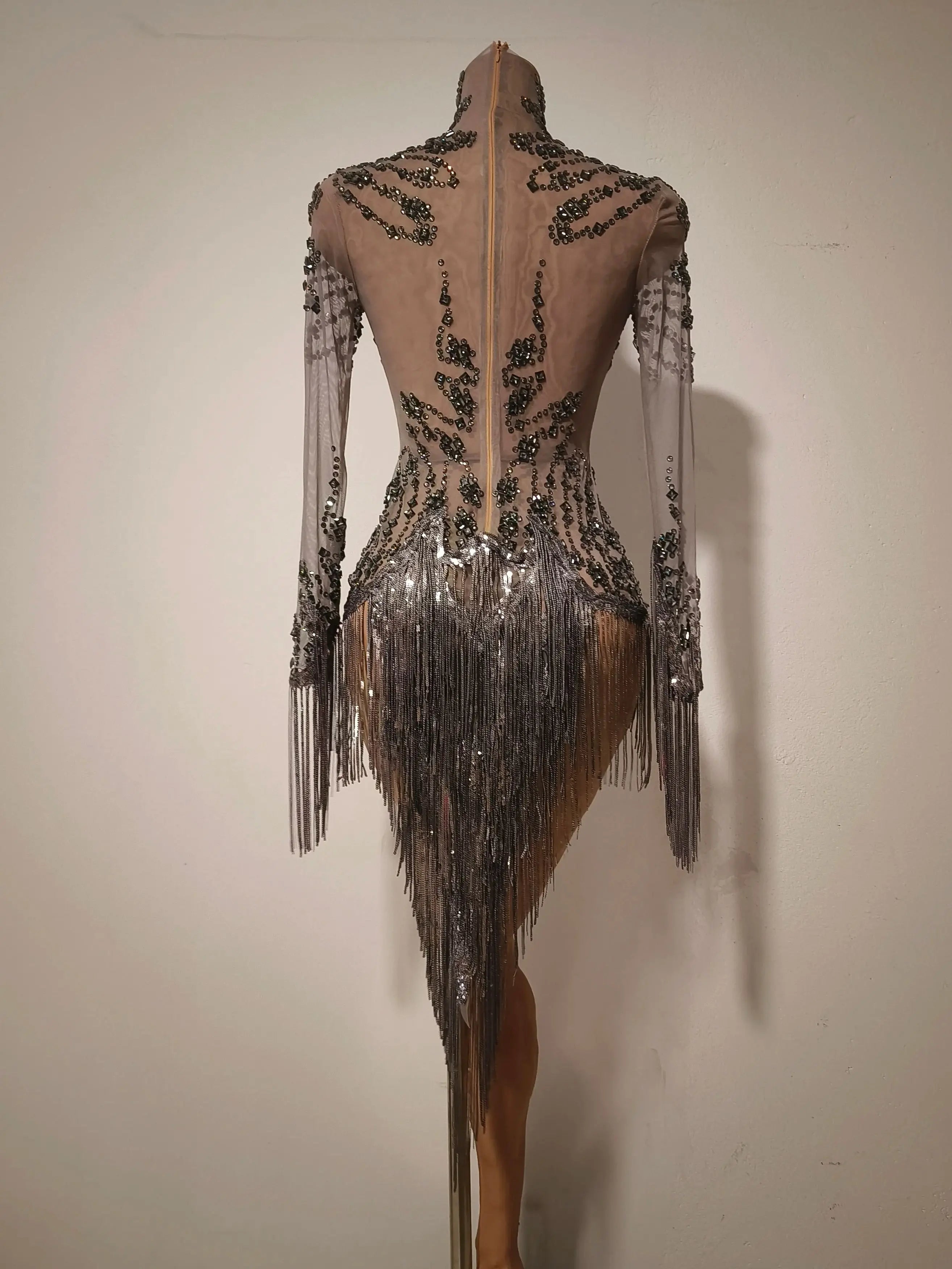 Women Sexy Gray Silver Tassel Crystal Diamonds Stretchy Night Club See Through Singer Dancer Stage Costume Party Bodysuit