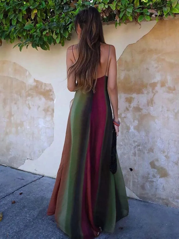 Sexy Backless Slip Long Chiffon Beach Sling Dress For Women Summer Vacation Contrasting V Neck Holiday Beachwear Dresses