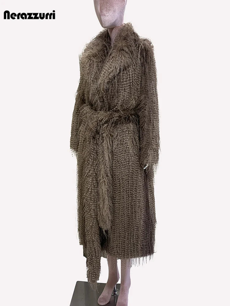 Nerazzurri Winter Clothes Women Long Thick Warm Soft Hairy Shagge Colorful Multicolored Fluffy Faux Fur Coat Women Sashes