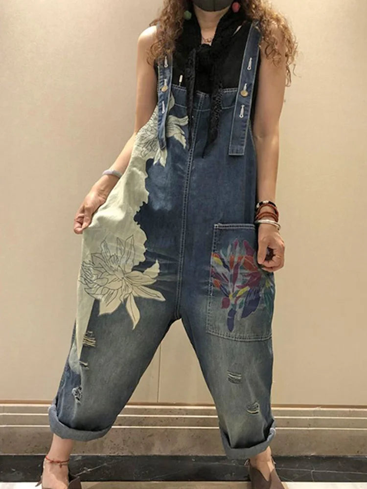 Korean Females Fashion Overalls Ladies Spring Printed Denim Harem Pants Vintage Casual Jeans Womens Loose Vintage Trousers