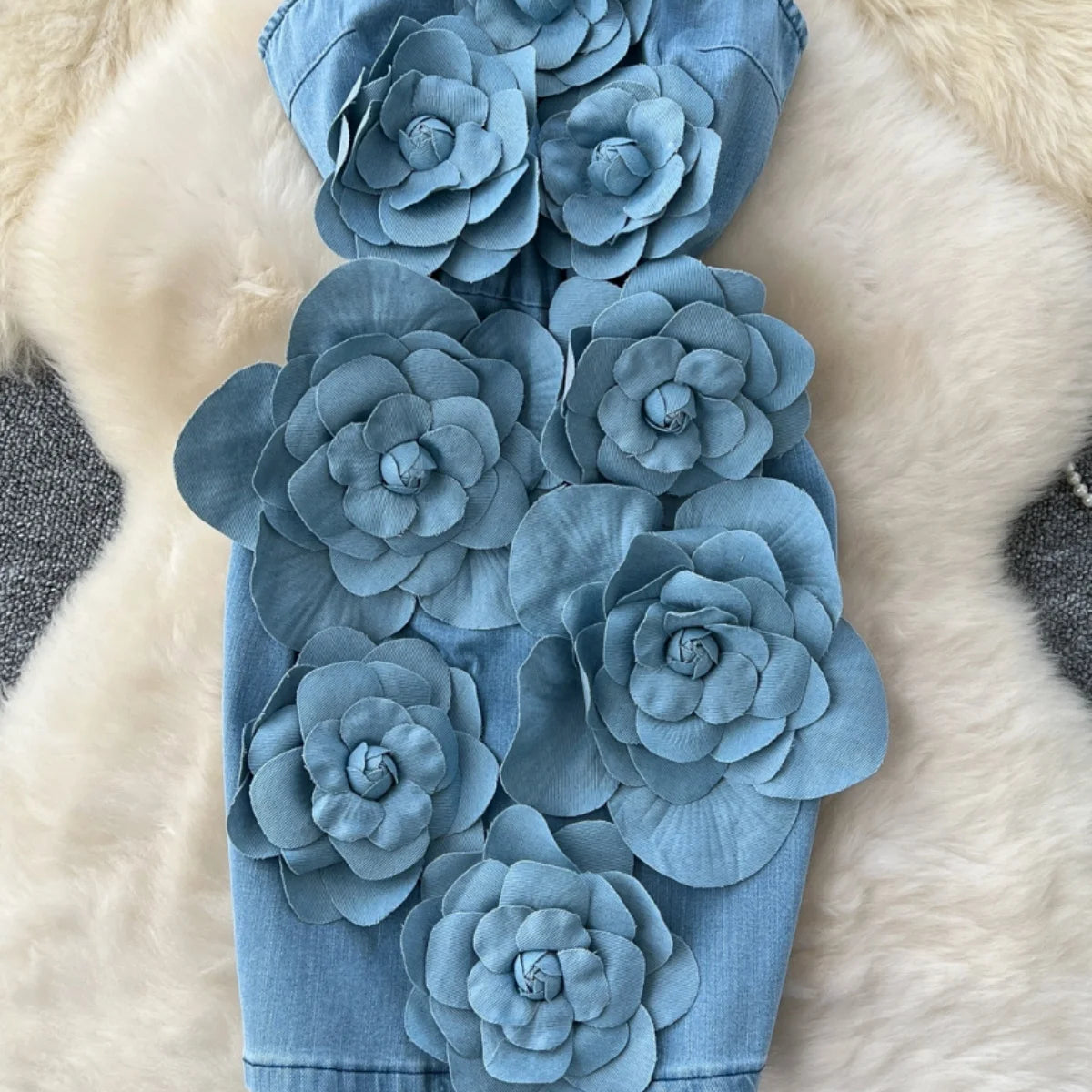 Elegant 3D Flower Rose Short Party Dresses Women Summer Holiday Sleeveless Strapless Corset Blue Denim Jeans Dress Mini Vestidos
