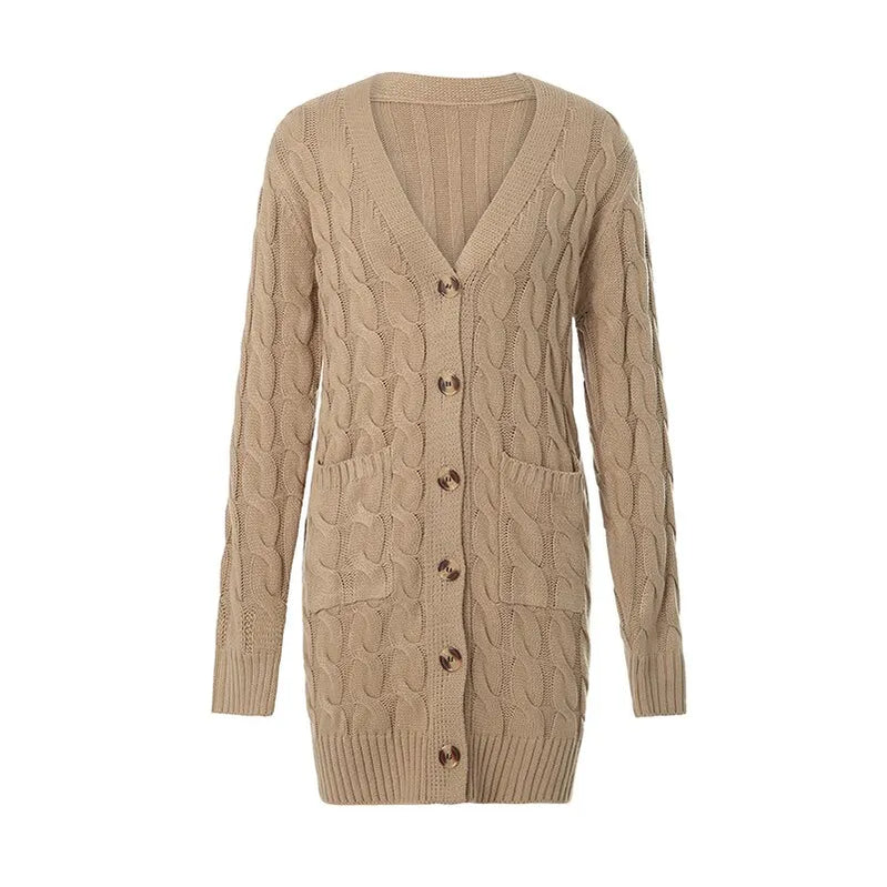 Female Cardigan Solid Color Long Sleeve Sweater Knitted Coat with Pockets for Spring Fall S M L