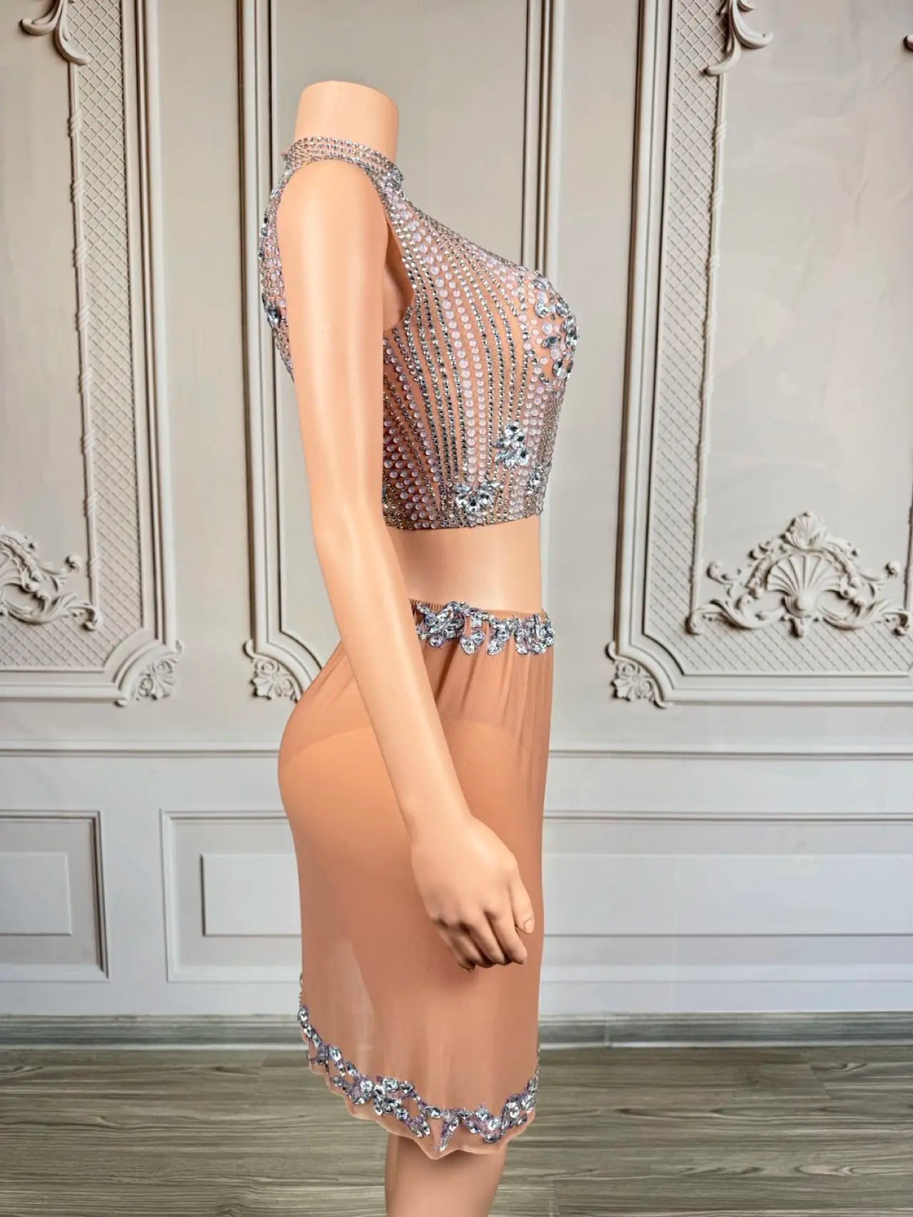 Sparkly Rhinestone Crop Tops Mini Skirt 2Pieces Set Festival Party Mesh Outfit Side Slits Bodysuit Event Dance Sexy Wear Luzhu