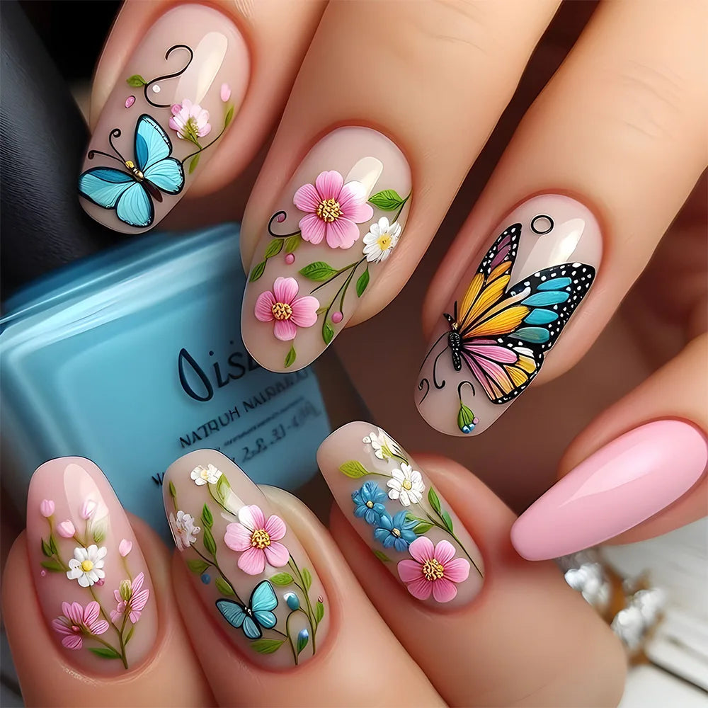 24pcs Short Square Fake Nails Acrylic Vivid False Nails Ladybug Butterfly Flower Press on Nails Garden Plants Nail Art Ballet