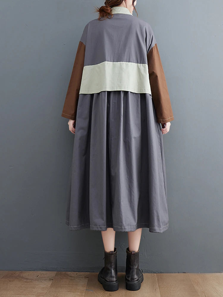 Patchwork Shirt Dresses For Women's Autumn Spring Minority Y2k Contrast big size Dress With Long Sleeve