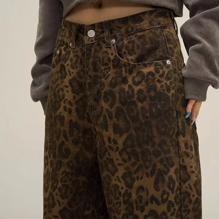 Tan Leopard Jeans Women Denim Pants Female Oversize Wide Leg Trousers Streetwear Hip Hop Vintage Clothes Loose Casual