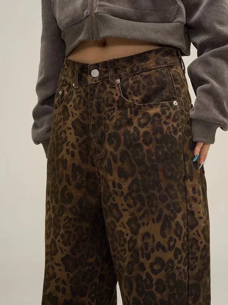 Tan Leopard Jeans Women Denim Pants Female Oversize Wide Leg Trousers Streetwear Hip Hop Vintage Clothes Loose Casual
