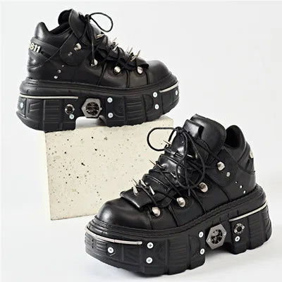 2025 Fashion Women Ankle Boots Woman's Thin Heels Round Toe Lace-Up Metal Decoration Sneakers Ladies Rivet Punk Gothic Rock Shoe