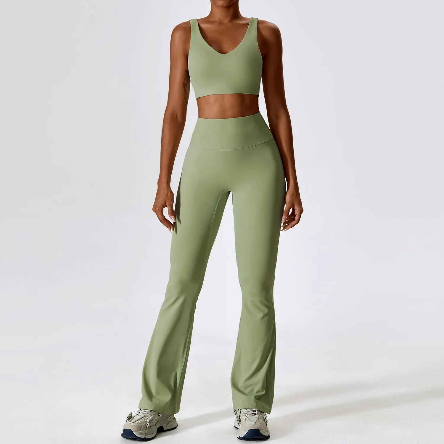 Yoga Set 2PCS Seamless Women Sportswear Workout Clothes Athletic Wear Gym Legging Fitness Bra Crop Top Long Sleeve Sports Suits Bean Green Set-2 CHINA