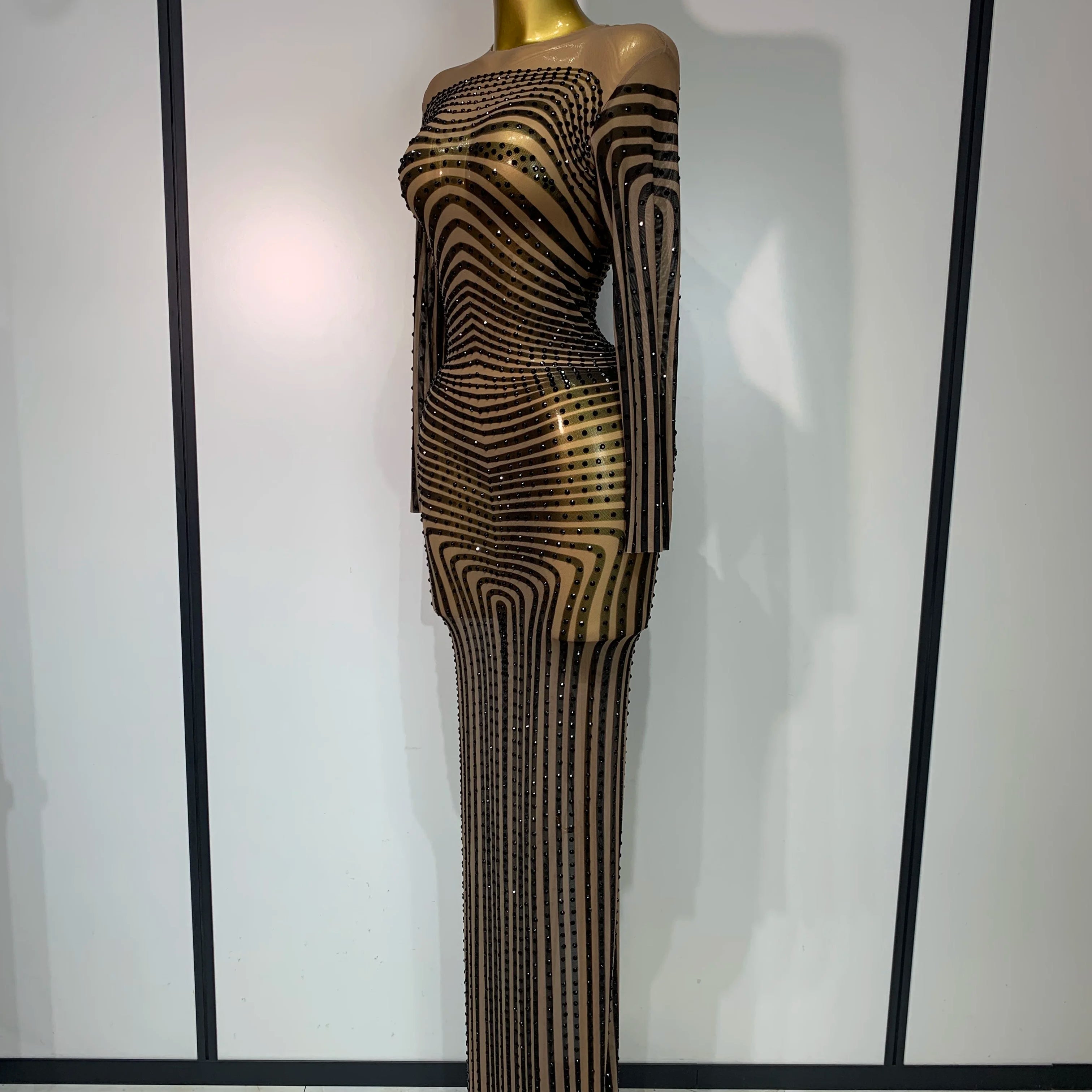 Women Sexy Mesh Perspective Shiny Diamond Dinner Dress Elegant Celebrity Evrning Party BirthdayDress Singer Stage Outfit