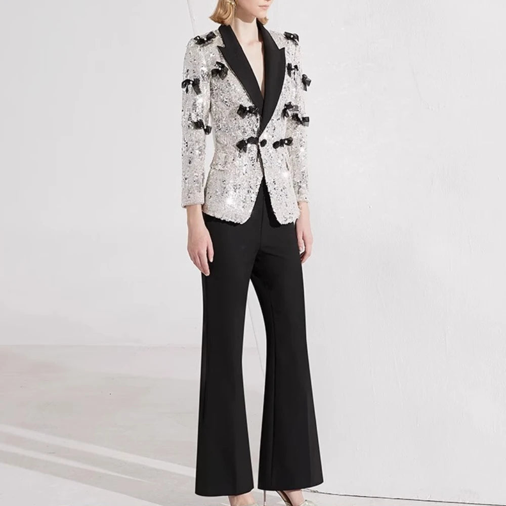 TWOTWINSTYLE Hit Color Spliced Bow Two Piece Sets for Women Lapel Long Sleeves Patchwork Sequin Top Pant Elegant Set Female New
