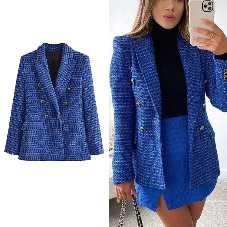 Women's Double-Breasted Tweed Jacket Fall And Winter New Fashion Blazer Retro Long-Sleeved Flap Pockets Women's Top Jacket