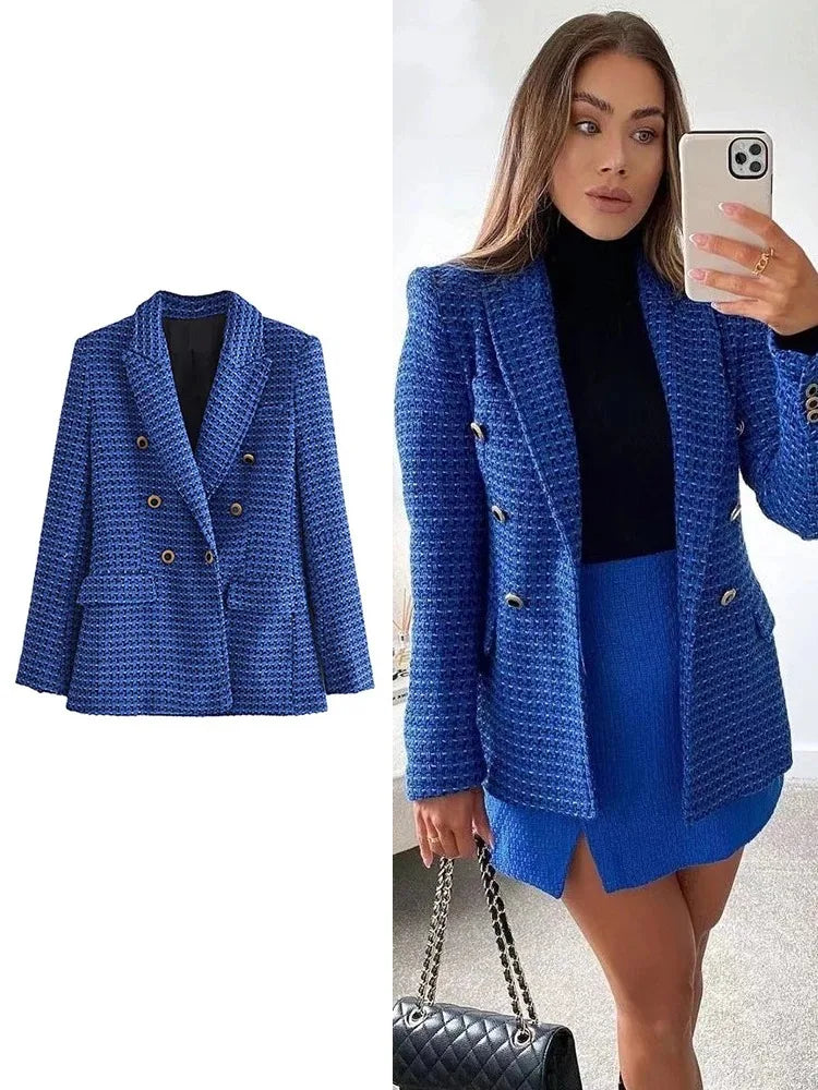 Women's Double-Breasted Tweed Jacket Fall And Winter New Fashion Blazer Retro Long-Sleeved Flap Pockets Women's Top Jacket