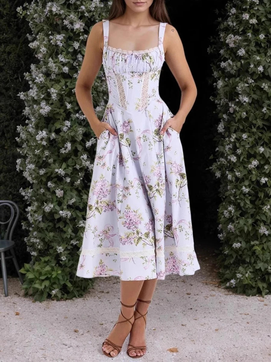 TWOTWINSTYLE Printing Hollow Out Spliced Lace Elegant Dresses for Women Square Neck Sleeveless Patchwork Pockets Dress Female