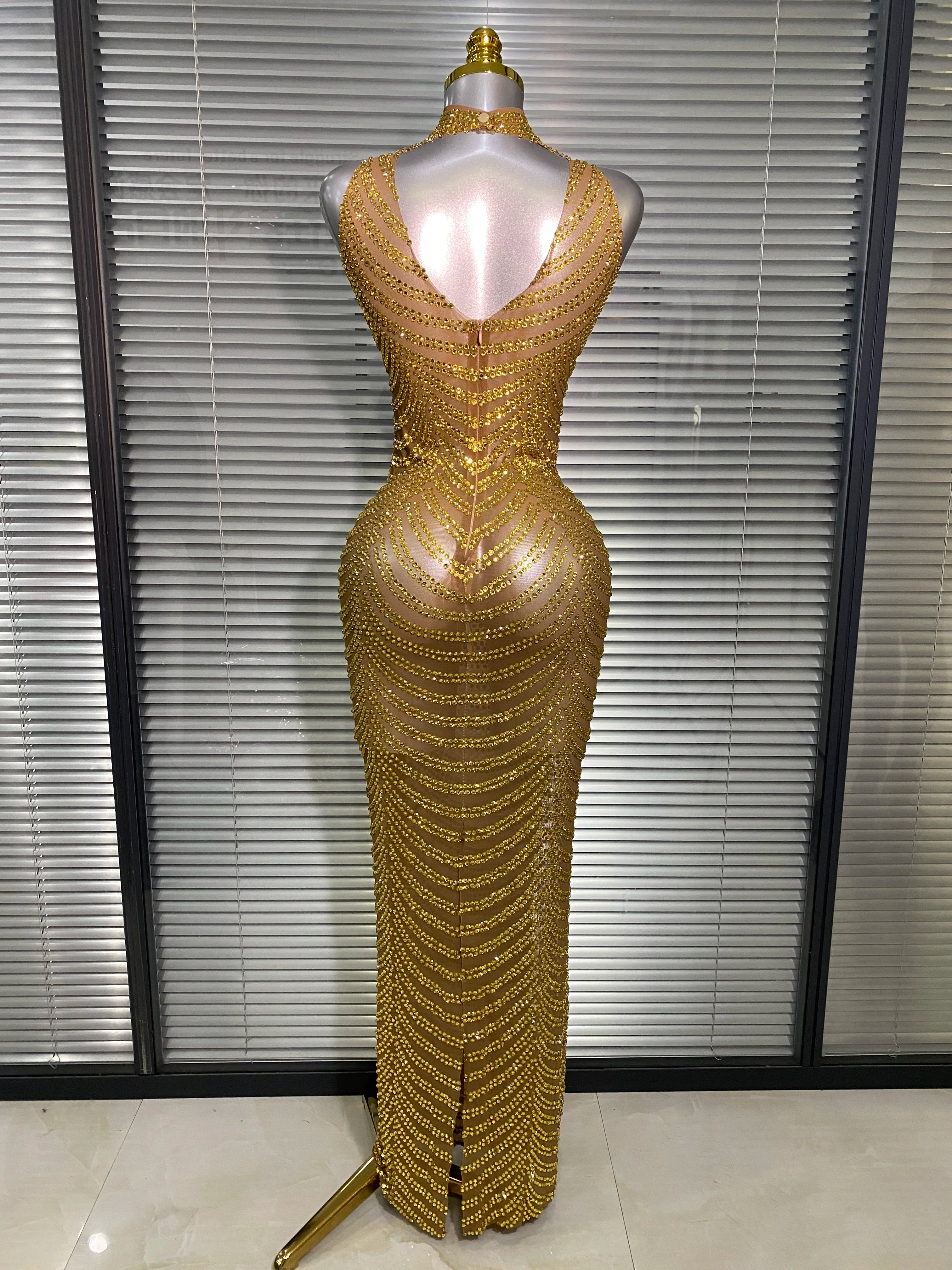 Women Sexy Mesh Crystal Diamonds Gold Long Maxi Dress See Through Celebrity Party Costume Singer Stage Performance Costume