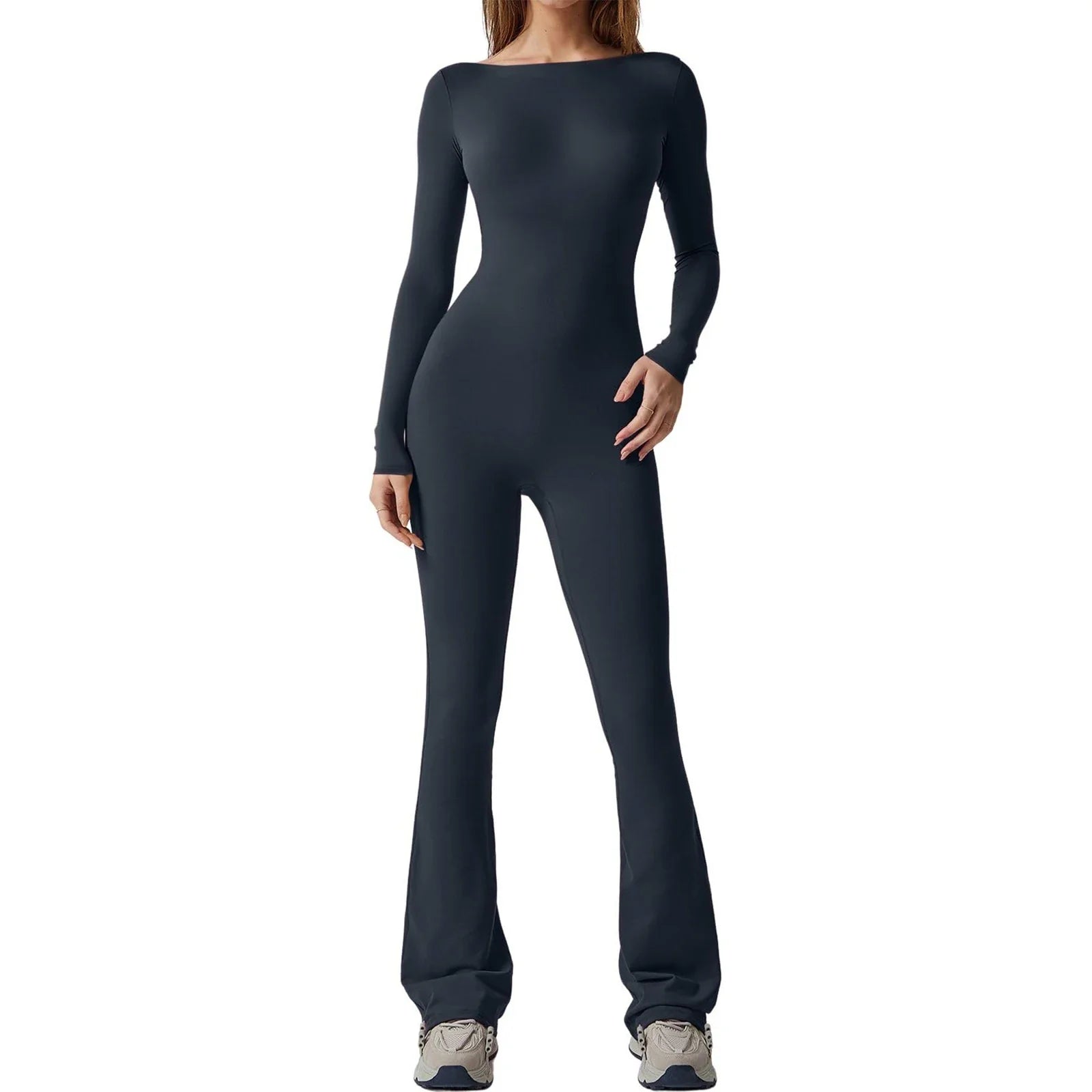Women s Sexy Tight Backless Long Sleeve Flare Jumpsuits Bodycon Solid Color Bottom Pants Romper Playsuit Streetwear Dark blue