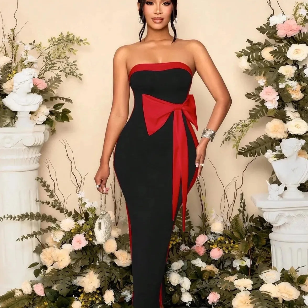 High Quality Women Sexy Strapless Off the Shoulder Bow Bodycon Long Bandage Dress Nightclub Party Celebrate Birthday Outfit