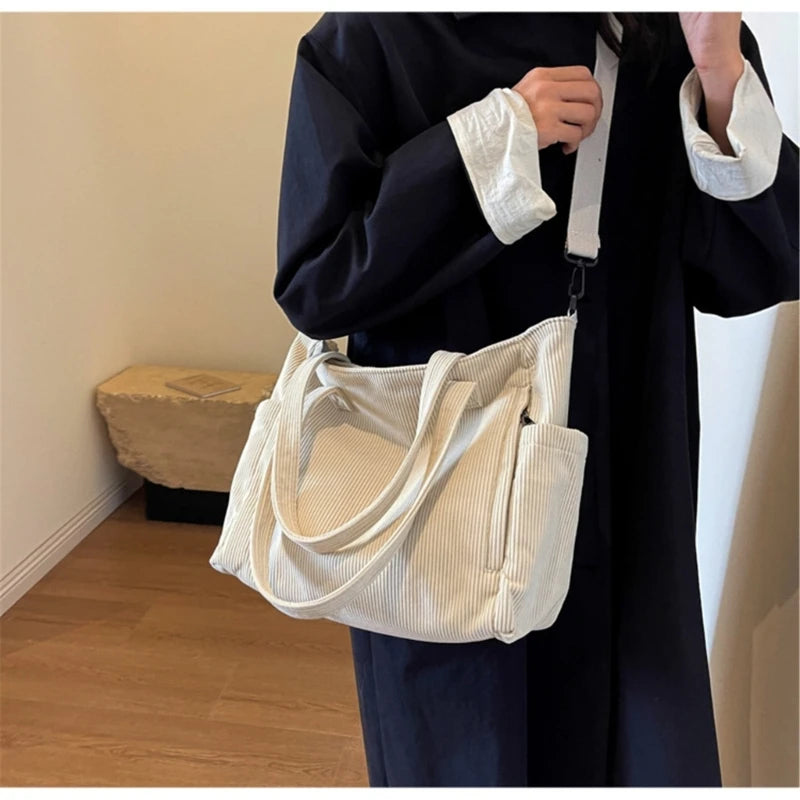 Women's Handbag Corduroy Shopper Shoulder Bag Casual Large Capacity Crossbody Bags College Student Bookbag Laptop Tote Bag