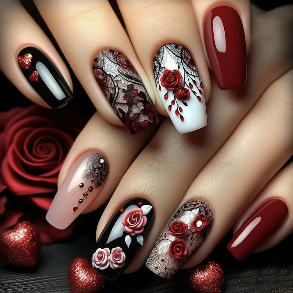 24Pcs Short Press on Nails Dark Red Black Mystical Valentine Design Ballet Fake Nails with Rose Pattern Wearable False Nail Art
