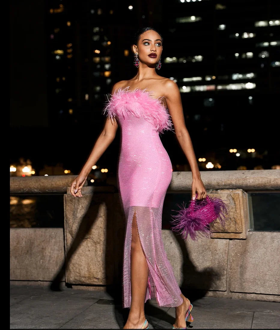 Pink Black Color Women Sexy Strapless Diamond Mesh Feathers Bodycon Long Dress Fashion Celebrate Nightclub Party Birthday Dress