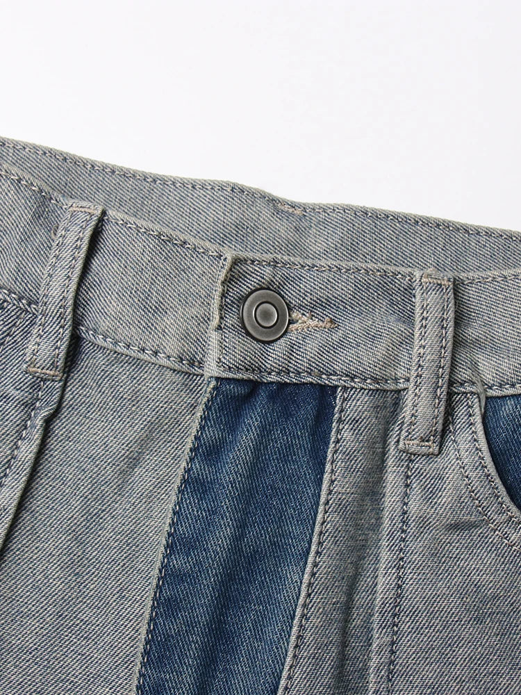 Patchwork Pockets Casual Denim Trousers For Women High Waist Spliced Button Hit Color Minimalist Loose Wide Leg Jeans Female