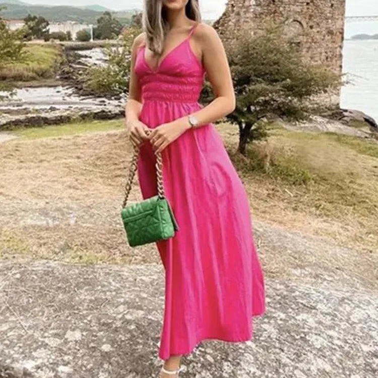 Foridol Elastic Smocking Green Cotton V Neck Summer Women's Dress Sleevless Long Green Maxi Casual Strapy Dress Solid Female