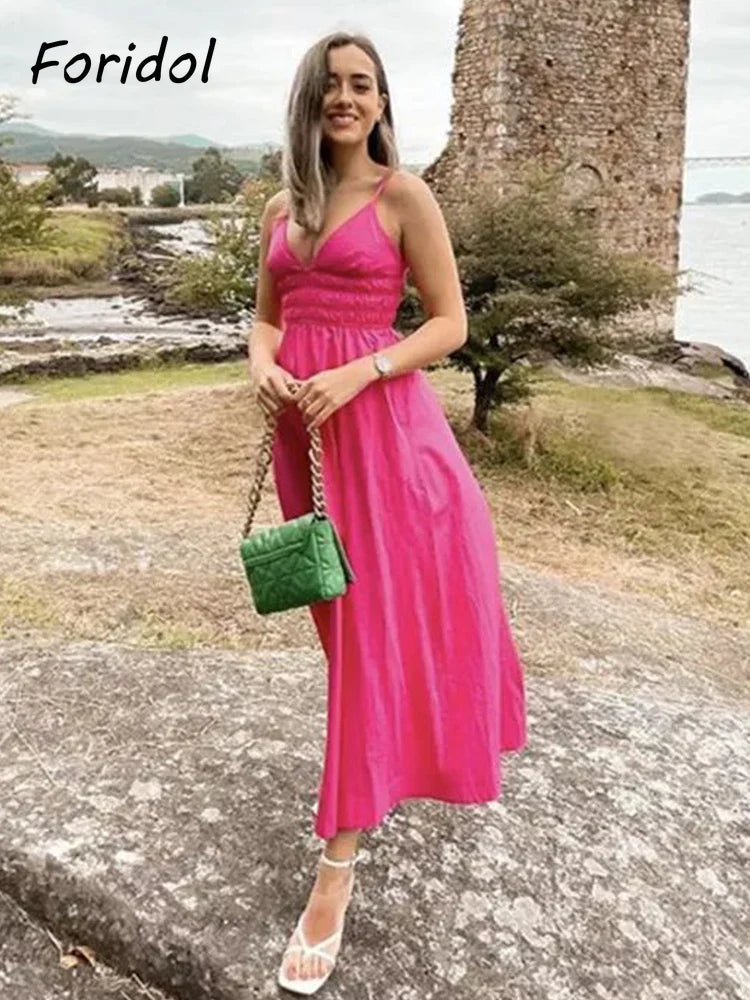 Foridol Elastic Smocking Green Cotton V Neck Summer Women's Dress Sleevless Long Green Maxi Casual Strapy Dress Solid Female