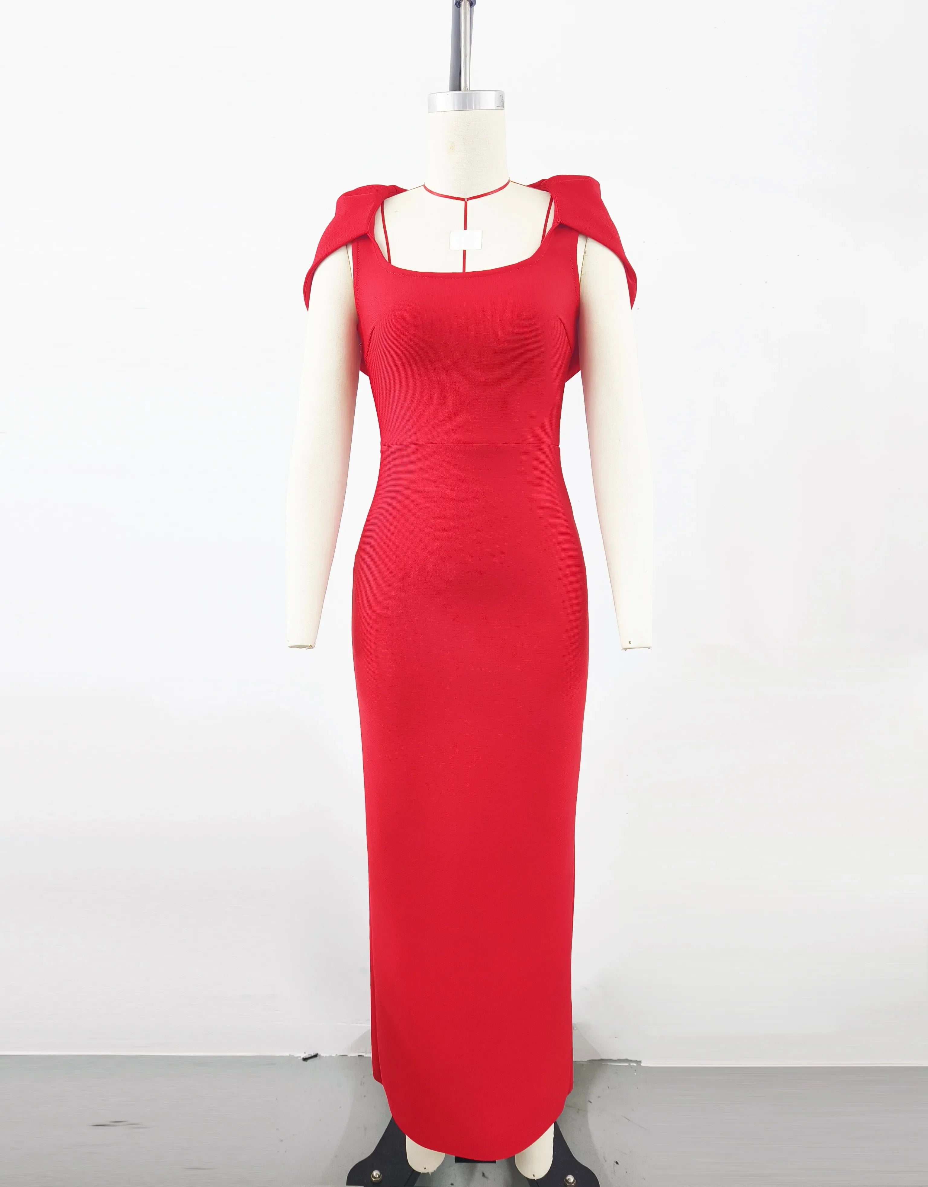 Red Color Women Sexy Short Sleeve Square Collar Bodycon Long Bandage Dress Elegant Evening Party Wedding Wear