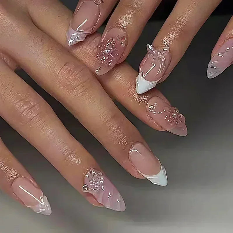 24pcs Short Almond Press on Nails 3D Flower Butterfly Fake Nails with Glue Colorful Natural Acrylic False Nails Full Cover Nails