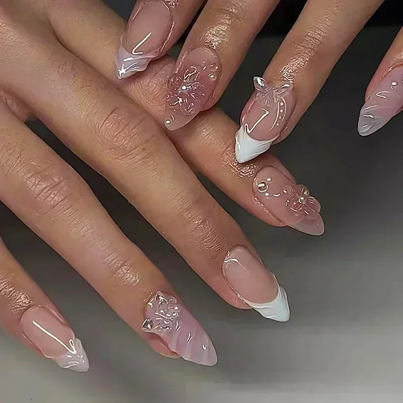 24pcs Short Almond Press on Nails 3D Flower Butterfly Fake Nails with Glue Colorful Natural Acrylic False Nails Full Cover Nails