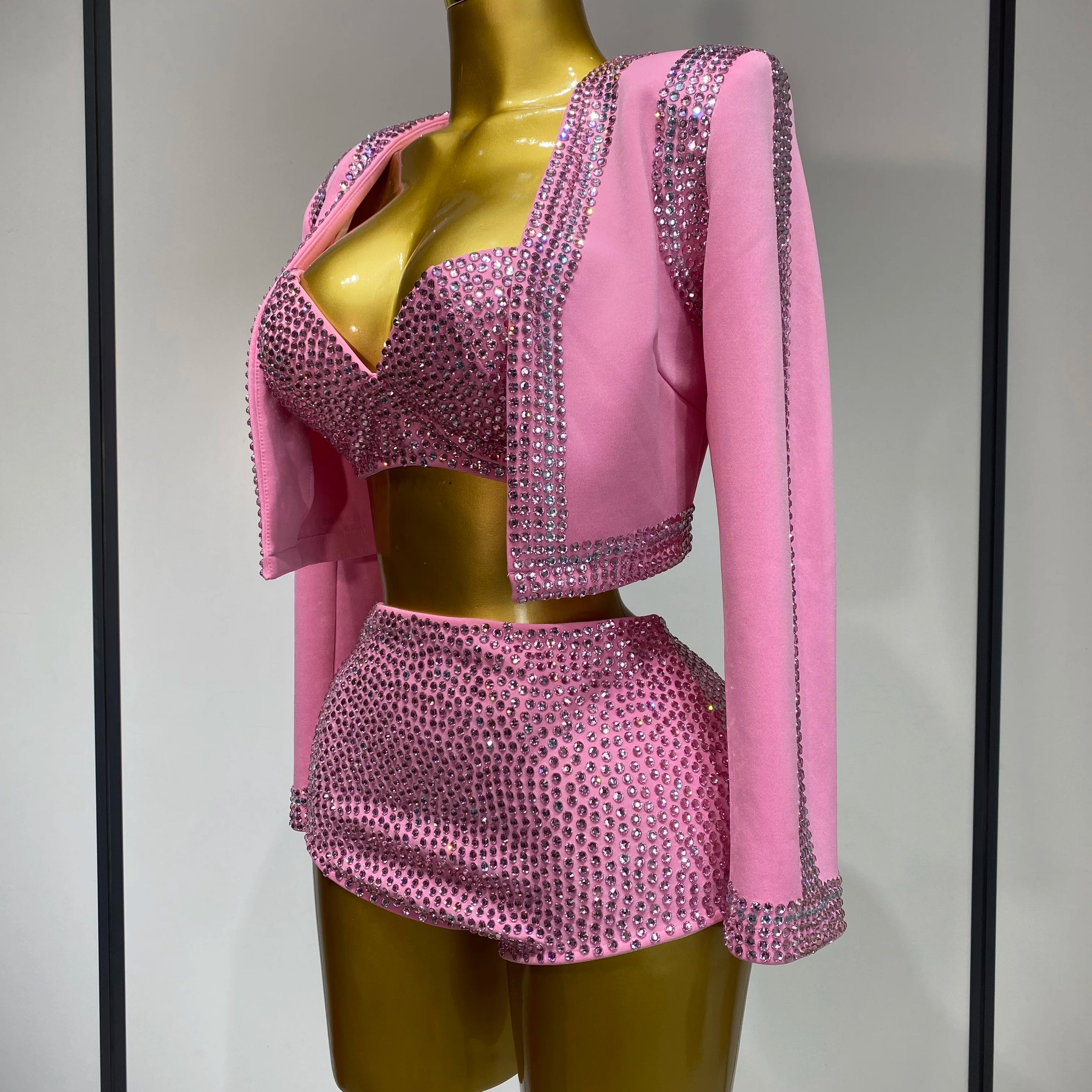 Luxury Rhinestone Jacket Bra Top And Matching Shorts Set 3 Pieces Outfits Women Sexy Sparkle Nightclub Singer Stage Outfit