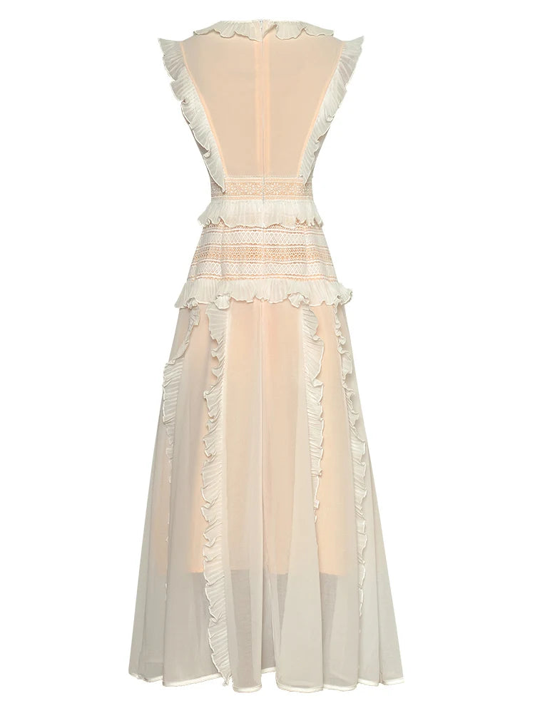 ZJYT 2024 Spring Summer Hollow Patchwork Lace Dresses for Women Elegant Sleeveless Ruffles Midi Black Party Dress Holiday Robe