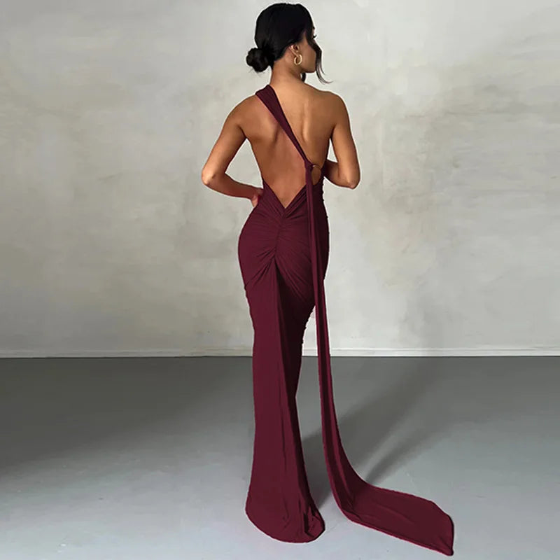 2023 New Fashion Elegant Maxi Dress for Women Sexy One Shoulder Bodycon Slim Pleated Solid Backless Dresses Party Club Clothes 7 wine red