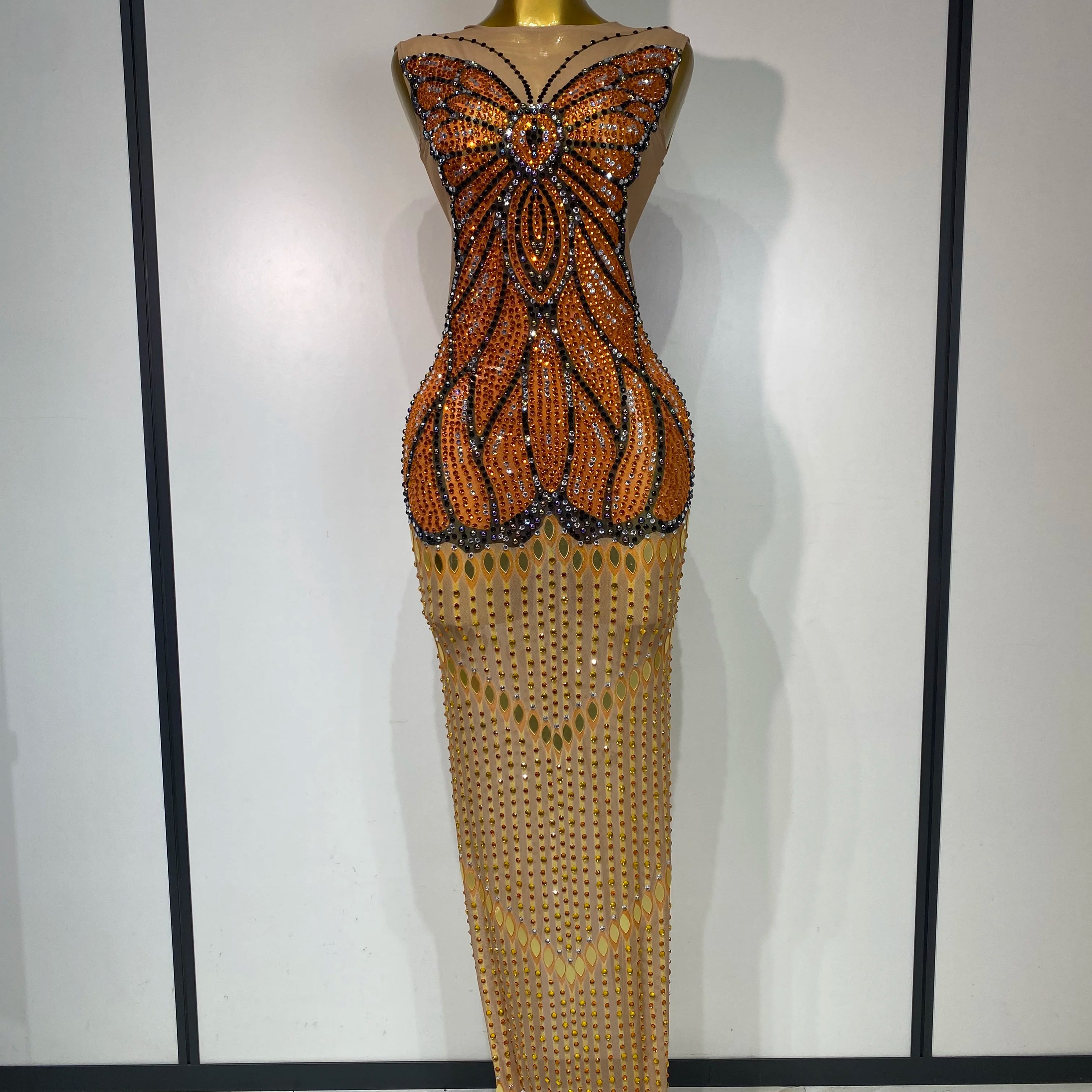 Luxury Rhinestones Mesh Long Dress 2025 Elegant Sexy Sleeveless Birthday Evening Party Gown Performance Singer Stage Outfit