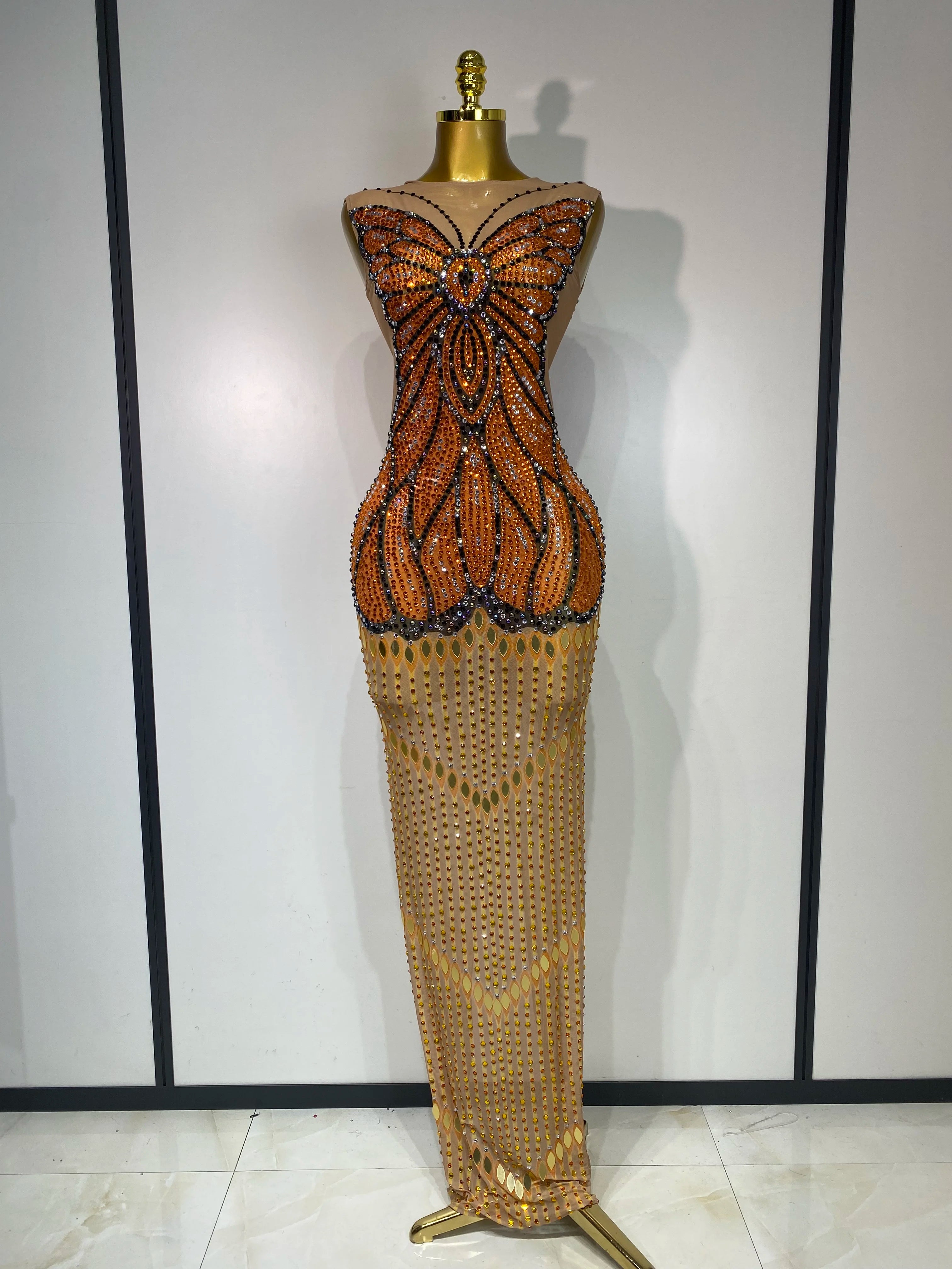 Luxury Rhinestones Mesh Long Dress 2025 Elegant Sexy Sleeveless Birthday Evening Party Gown Performance Singer Stage Outfit
