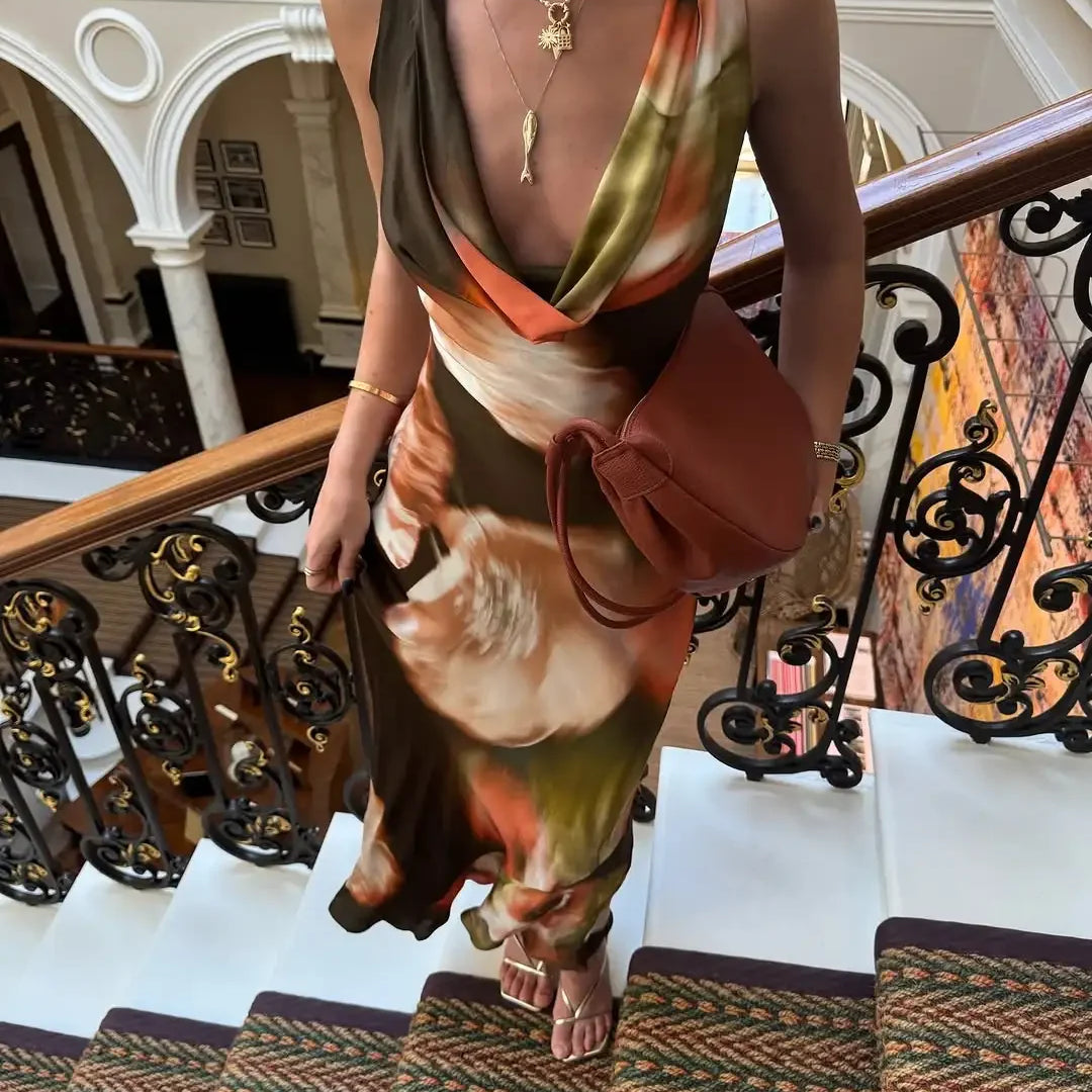 Vestido longo feminino com estampa tie-dye e babados, elegante, gola redonda, slim fit, costas abertas, sexy, vestidos de festa para o verão 2025