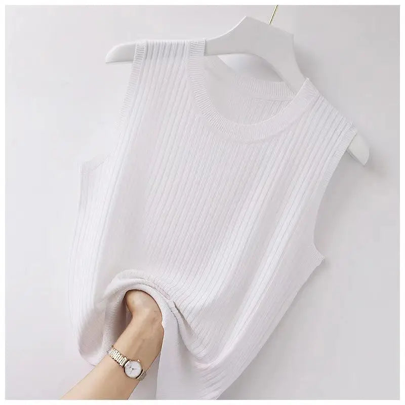 Summer Ice Silk Vest Women's Korean Version Solid Color Knitted Thin Loose Temperament Round Neck Sleeveless Top for Outer Wear WHITE