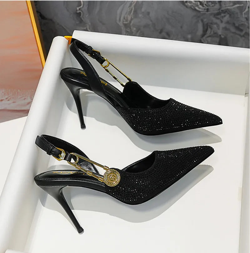 Luxury Rhinestones Sequined Buckle Women Pumps Elegant Pointed toe Slingbacks Stiletto High heels Spring Summer Fashion Shoes