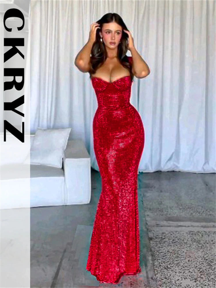 Ladies Sequins Sling Low Cut Evening Dress Women Sleeveless Backless Tight Fitting Maxi Dresses Female Evening Party Outfits