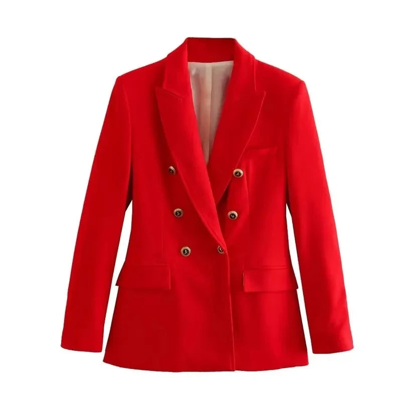 Women's Fashion Long Sleeve Lapel False Pocket Trim Blazer Women's Elegant Double Breasted Solid Color Suit Autumn Red