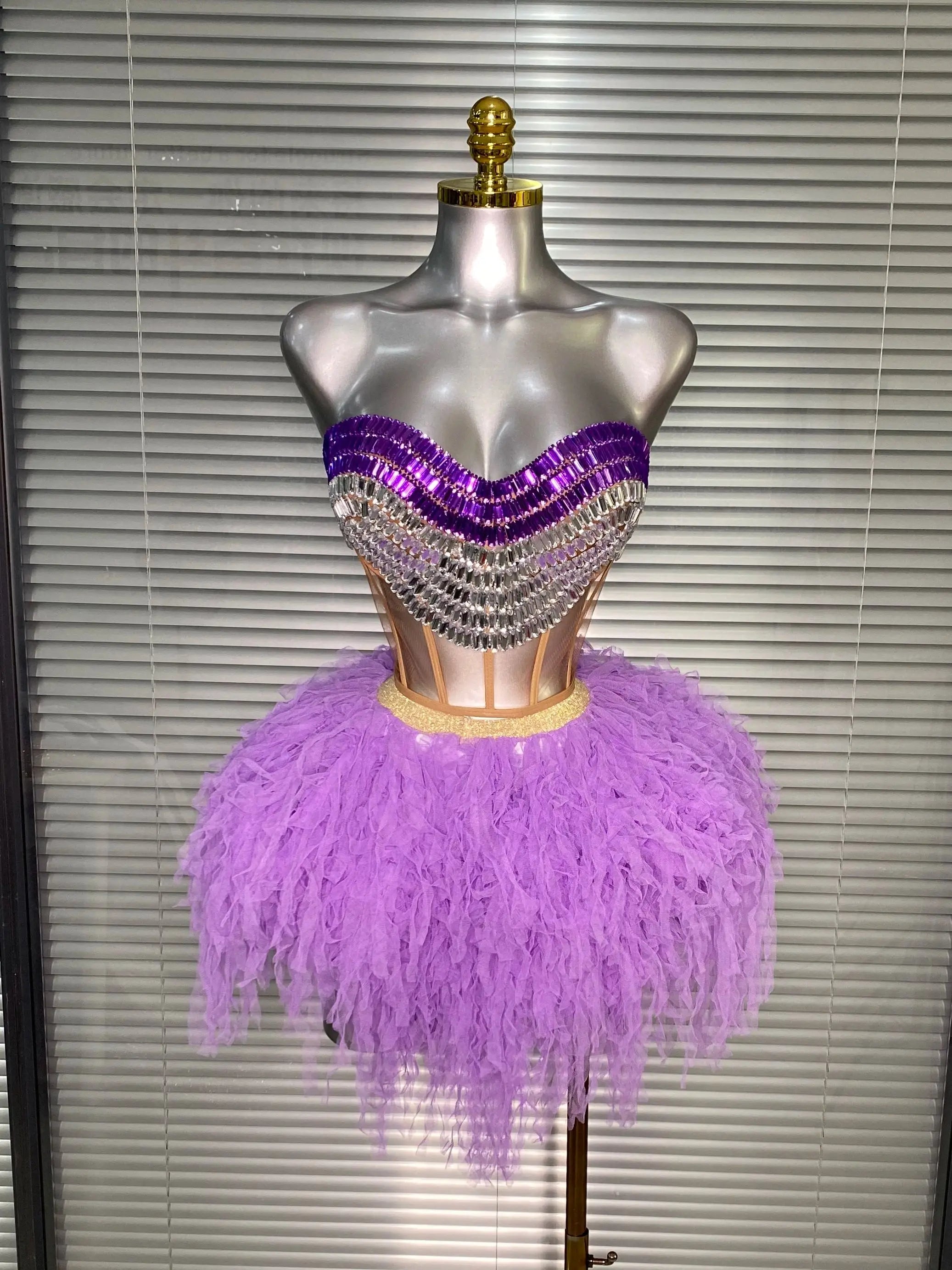 Luxury Sparkly Rhinestone Women Sexy Strapless Short Backless Dress Birthday Party Nightclub Outfit Dancer Performance Costume