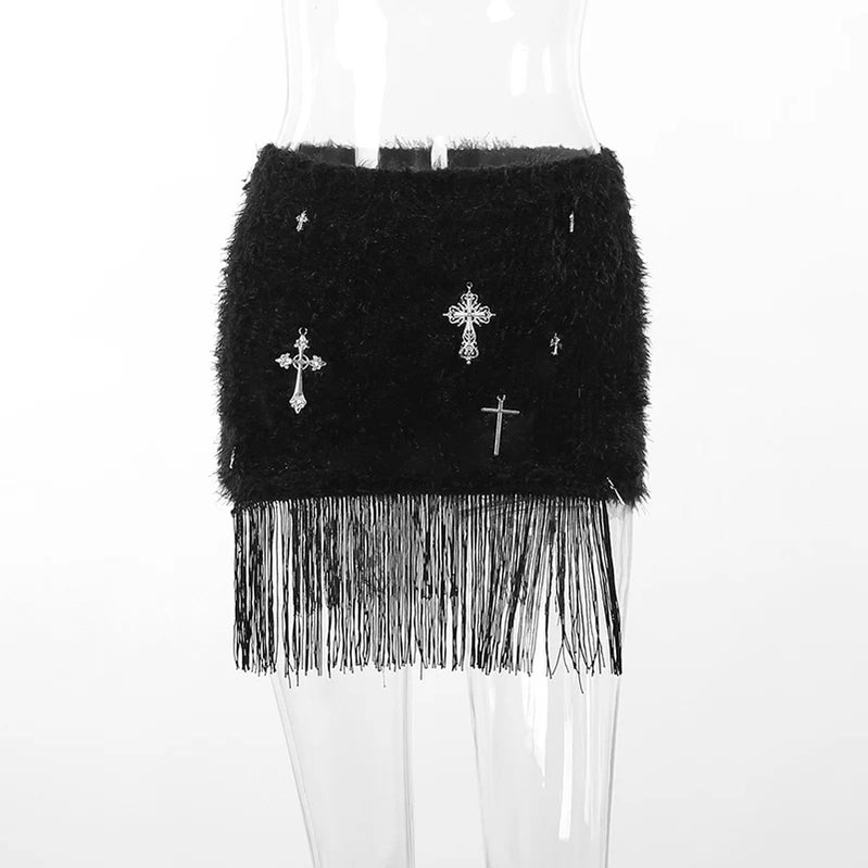 Fashion Cross Printed Tassel Furry Skirts Womer Hot Girls Sexy High Waist Hip Wrapped Y2k Mini Bottoms Hipster StreetwearXY23114