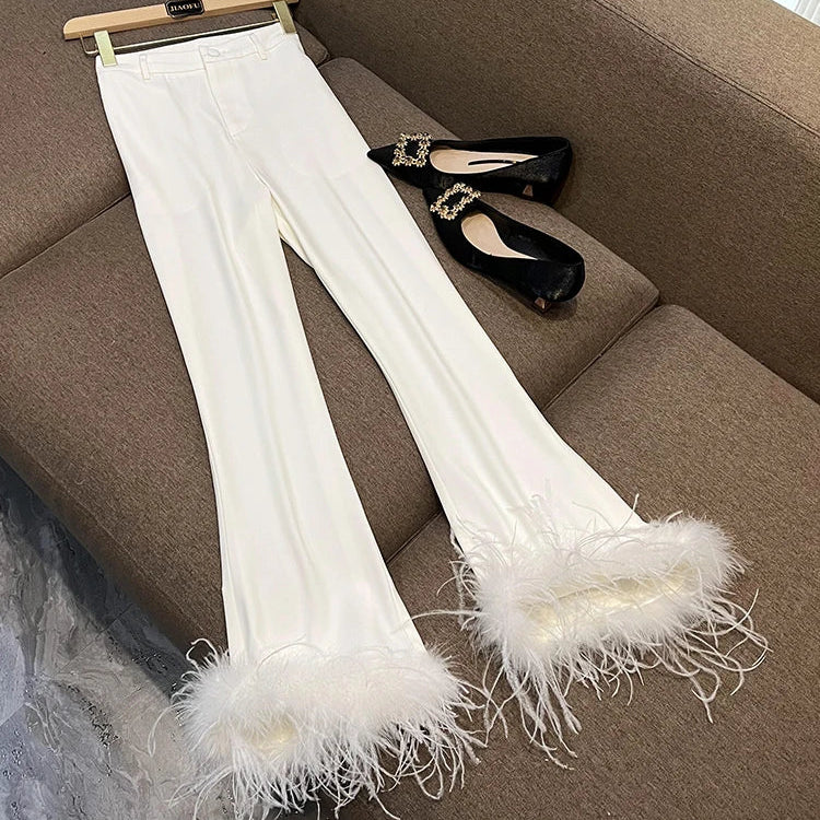 Feather Sleeve Pant Sets Blazer Pantsuits Two Pieces Set Spring Satin Collar Jacket Straight Pants Suits Outfits Women