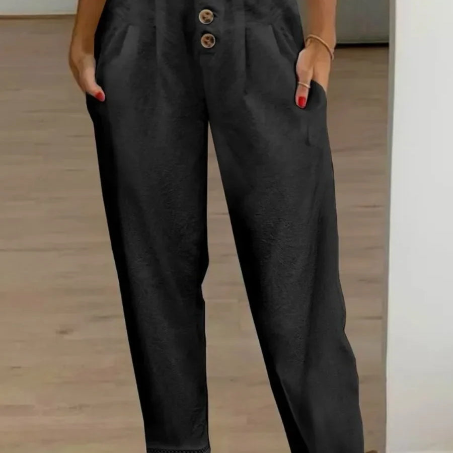 Women's Casual White Pants High Waist Button Slim Solid Pockets Pencil Pants Female Soft Breathable Women Trousers Joggers