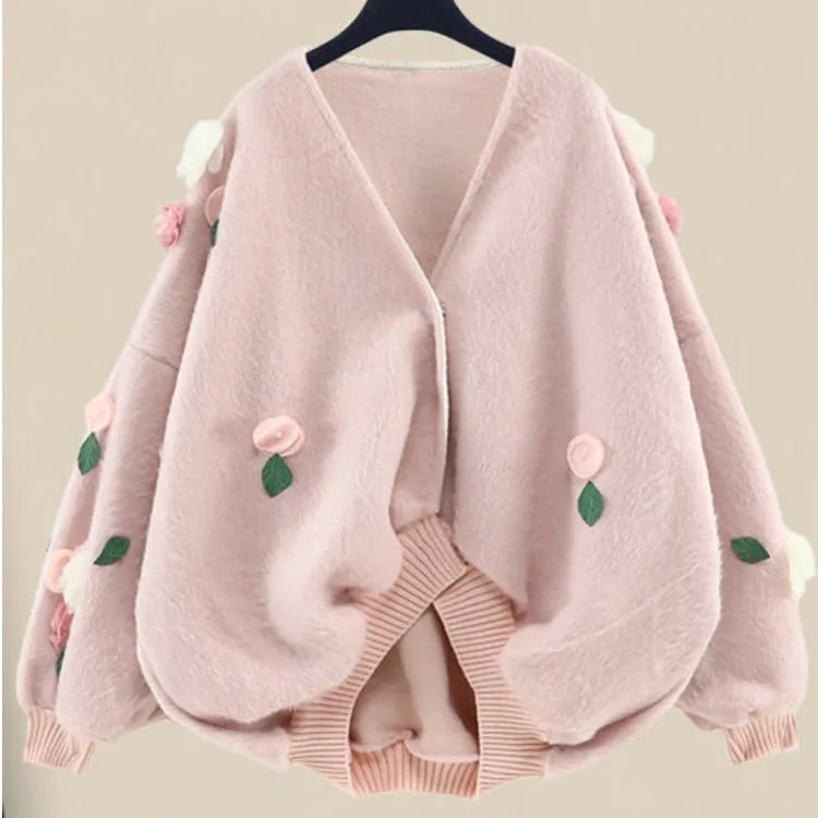Women Spring Two Pieces Sets Korean Long Sleeve Knitted Sweater Cardigan And Ruffles Patchwork Mesh Long Dress Suit