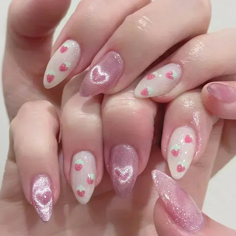 24pcs Short Almond Press on Nails 3D Flower Butterfly Fake Nails with Glue Colorful Natural Acrylic False Nails Full Cover Nails